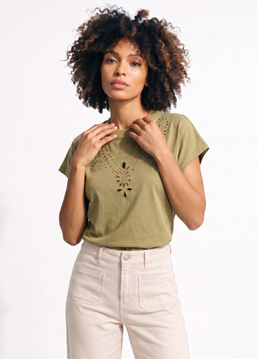 T-shirt coton encolure broderie anglaise Kaki