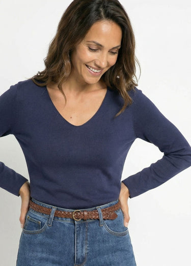 Pull fin avec angora et laine, col V Marine