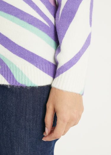 Pull doux court col rond imprimé graphique Ecru/Violet