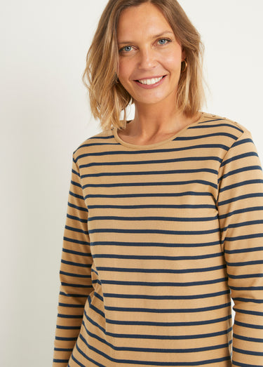 T-shirt marinière court coton manches longues Camel/Marine