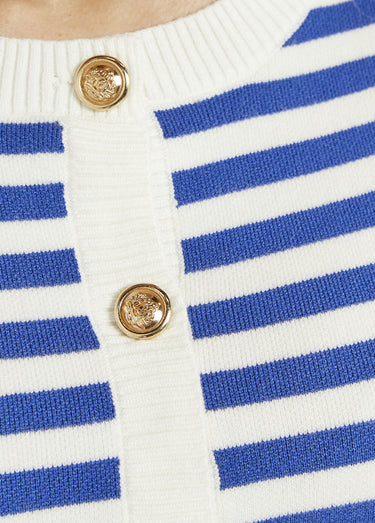 Gilet cardigan court col rond rayé boutonné Raye Bleu