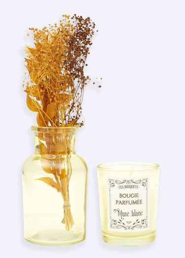Coffret bougie parfumée + fleurs séchées bouquet Blanc