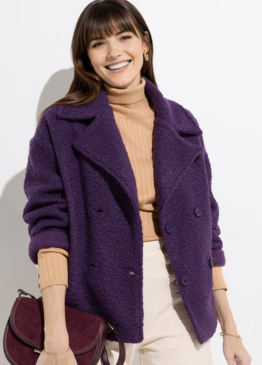 Caban court uni façon laine bouclée Violet Fonce