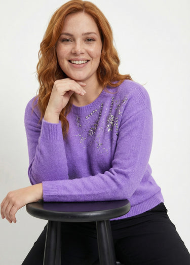Pull doux col rond avec strass et sequins Violet
