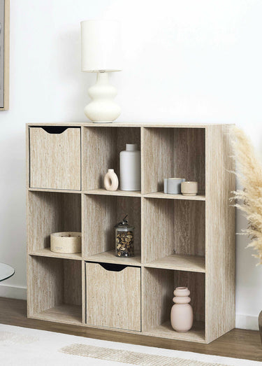 Meuble rangement 9 cases, effet pierre Blanc/Beige