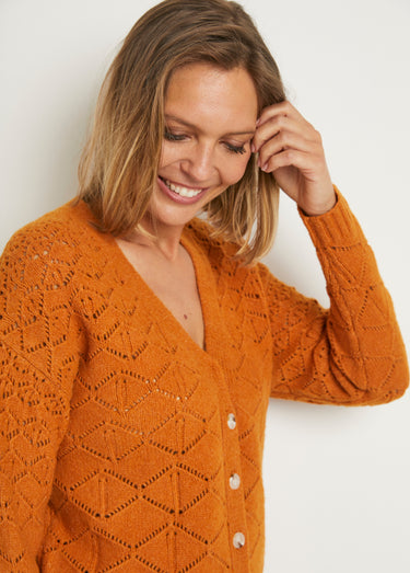 Gilet court ajouré col V boutonné uni Caramel