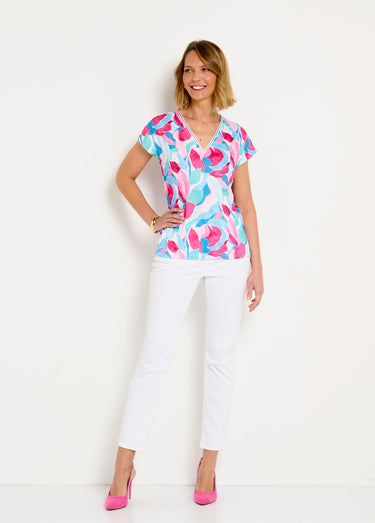 T-shirt court col V brillant imprimé Bleu/Rose