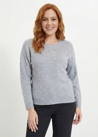 Pull doux col rond avec strass et sequins Gris