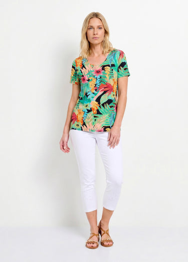 T-shirt long col rond imprimé exotique manches courtes Fond Noir