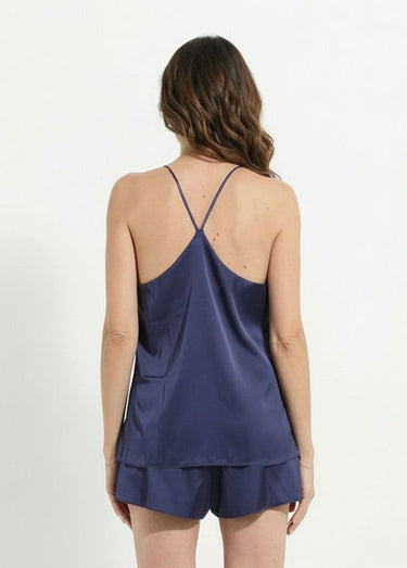 Pyjama short satin, bretelles croisées Marine