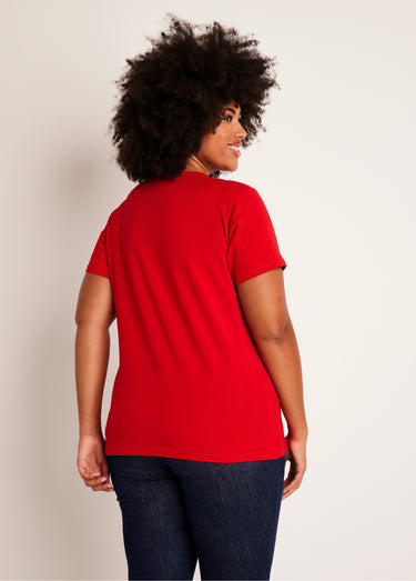 T-shirt col V ajouré brodé Rouge