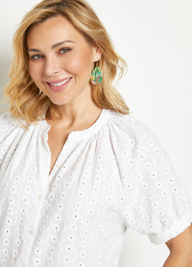 Chemisier ample coton brodé sans col Blanc