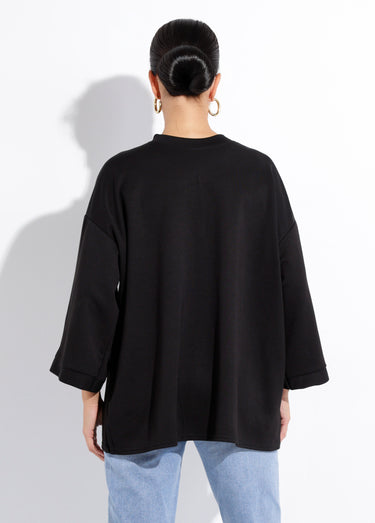 Sweat shirt large col rond, manches 3/4 Noir