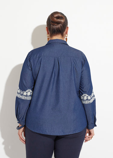 Chemisier denim broderies contrastantes Bleu Jean