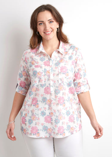 Chemisier boutonné long coton imprimé fleurs Imprime/Rose