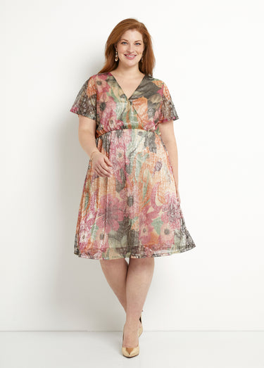 Robe courte cache-coeur brillante motif fleuri Multicolore