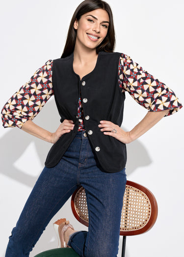 Gilet sans manches col rond en twill Noir