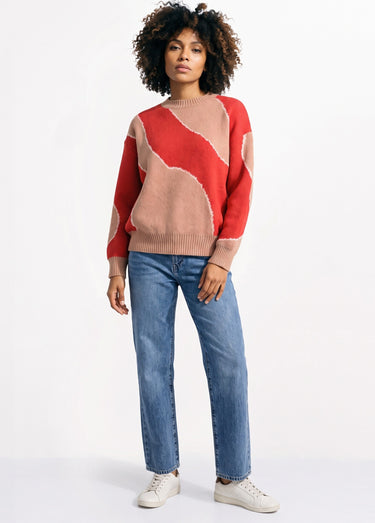 Pull épais ras de cou jacquard fantaisie Rouge/Beige
