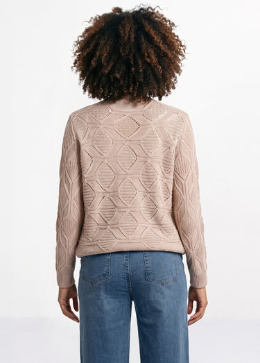 Pull tunique mi long uni col rond maille ajourée Beige Rose