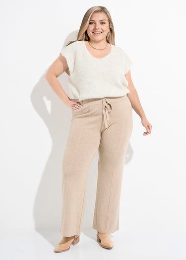 Pantalon large confort, jeu de mailles Beige