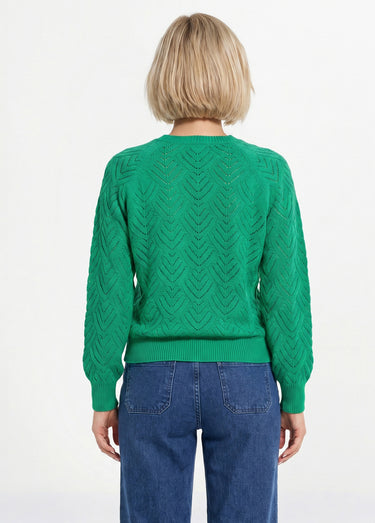 Pull doux court col rond uni ajouré Vert