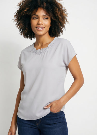 Top long manches courtes broderies col rond Argent