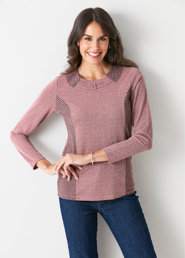 T-shirt chiné rayé col fantaisie Rose