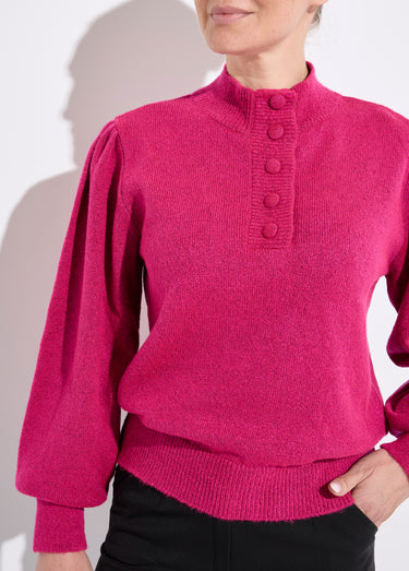 Pull chaud col montant boutonné Fuchsia