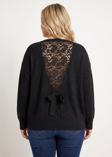 Pull avec laine et dos en dentelle Noir