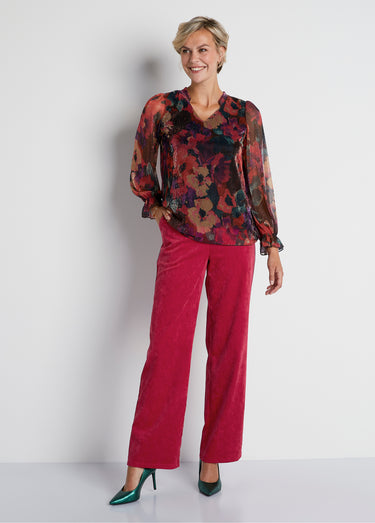 T-shirt maille résille plissée imprimé floral Imprime Rouge