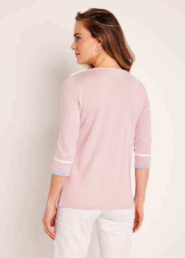 Pull manches 3/4 col bateau jacquard rayé devant Rose/Gris