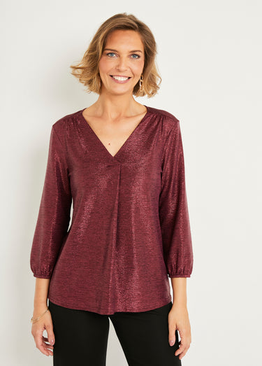 T-shirt mi long ample maille brillante col V Framboise