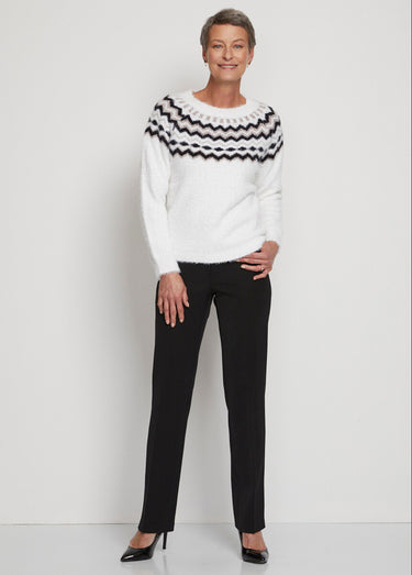 Pull col rond maille poilue jacquard soleil Blanc