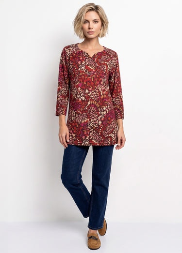 T-shirt long évasé manches 3/4 imprimé tachiste Bordeaux/Rose