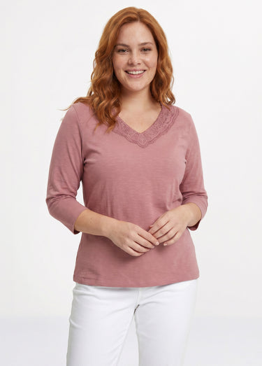 T-shirt manches 3/4 coton et macramé Rose