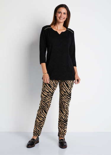 T-shirt long évasé manches 3/4 col rond Uni Noir