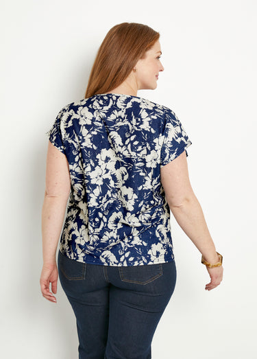 T-shirt manches courtes uni ou imprimé fleurs Marine/Beige