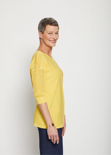 Pull en maille ajourée, manches 3/4 Jaune