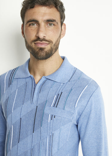 Pull col polo zippé manches longues coton jacquard Bleu