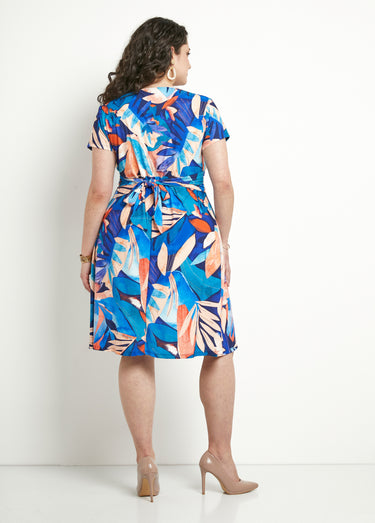 Robe courte col V effet drapé imprimé feuillage Bleu / Orange