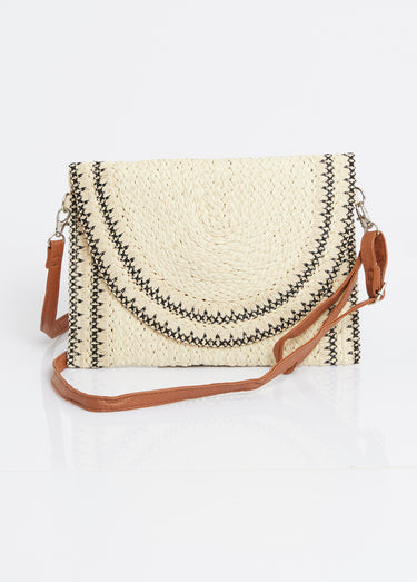 Pochette demi lune en papier tressé Beige