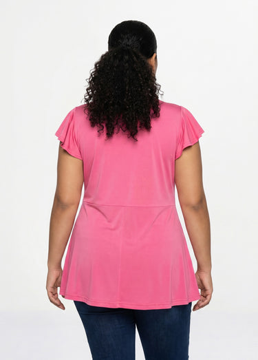 T-shirt long évasé col V drapé Uni Fuchsia