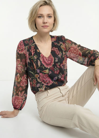 Blouse col V manches longues voile fleuri Noir/Prune