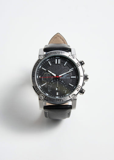 Montre ronde chronographe acier inox et cuir Noir