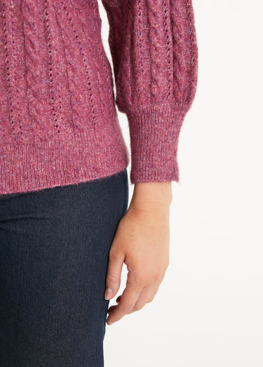 Pull doux maille irisée torsadée ajourée laine Cassis