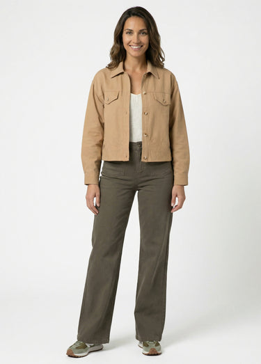 Veste courte en denim, détails ajourés Camel