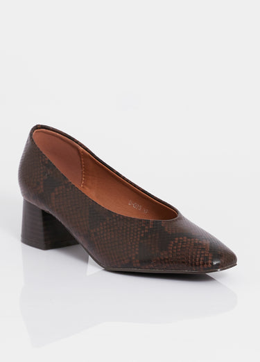 Escarpins décolletés à talon, bout carré Python / Marron