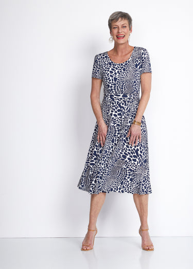 Robe imprimée drapée évasée courte Ecru/Marine