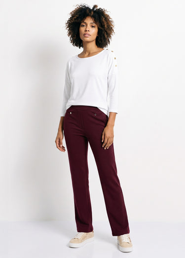 Pantalon droit taille semi élastiquée Uni Prune