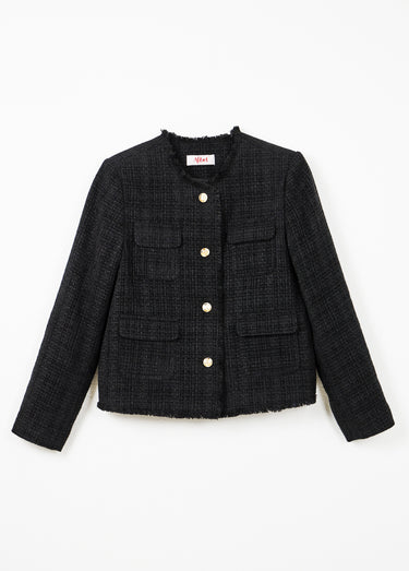 Veste tweed boutonnée frangée sans col Noir